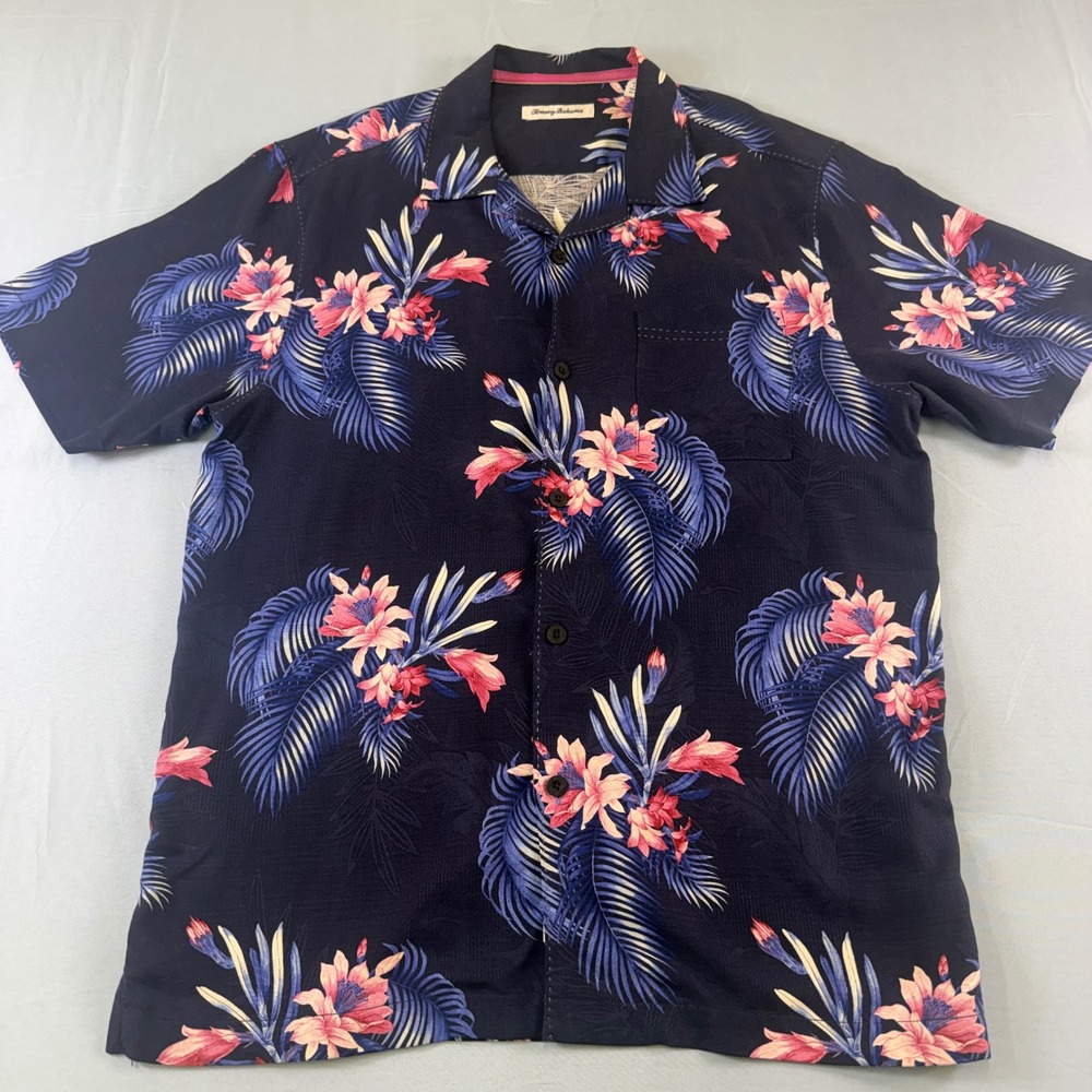 Tommy Bahama Mens Navy Blue Silk Tropical Floral Palm Camp Shirt ST324958 Size M